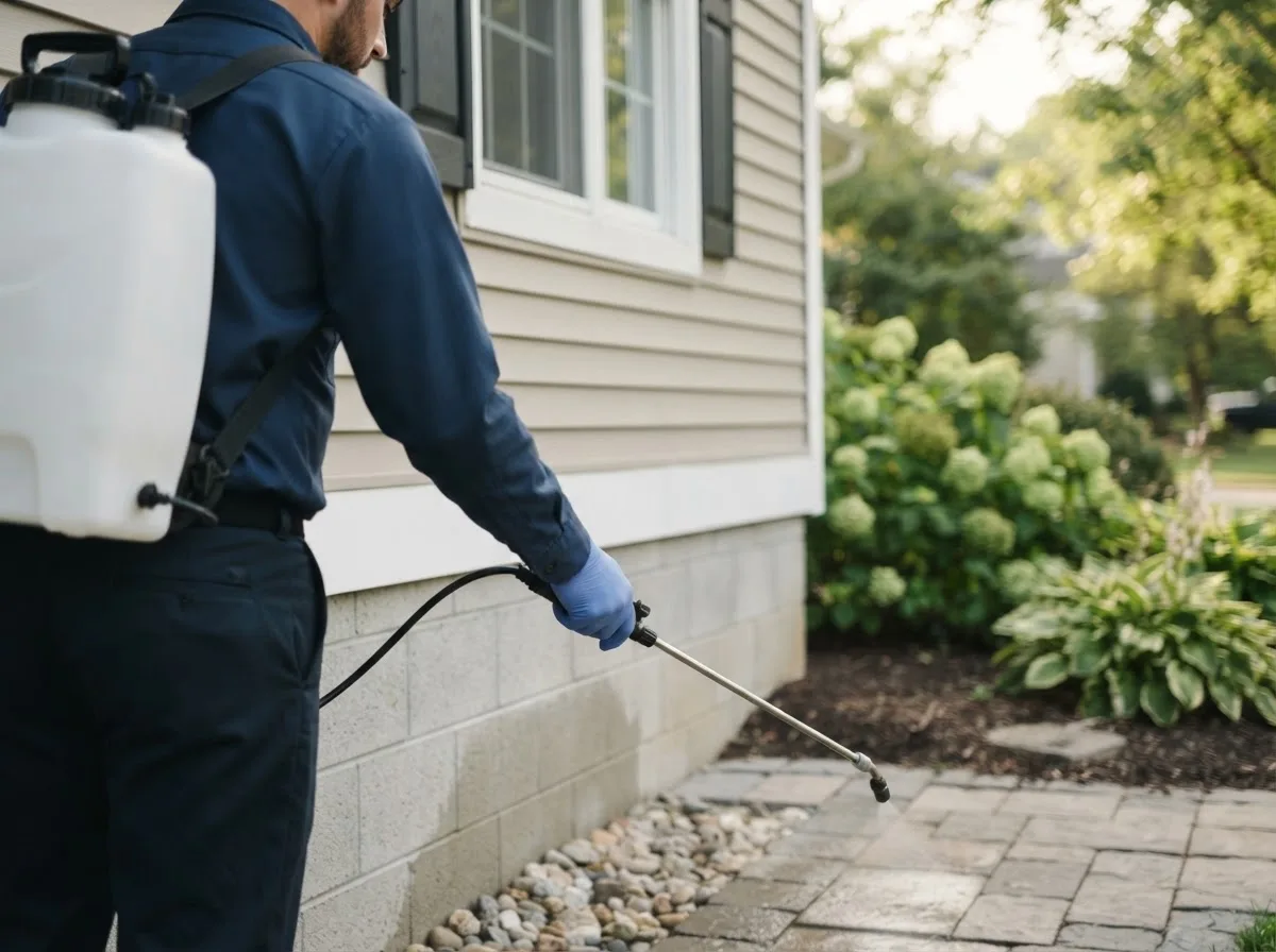 Pest control technician inspecting a home in Bloomingrose, WV